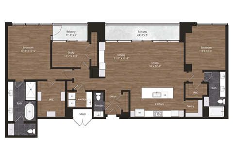 Floor plan for 2 beds, 2.5 baths, 2077 sqft